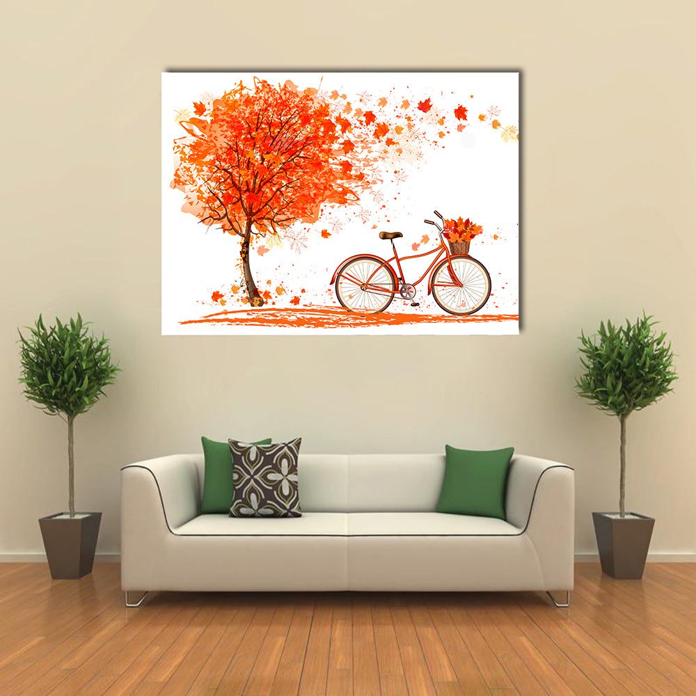 Bicycle Under Autumn Tree Canvas Wall Art