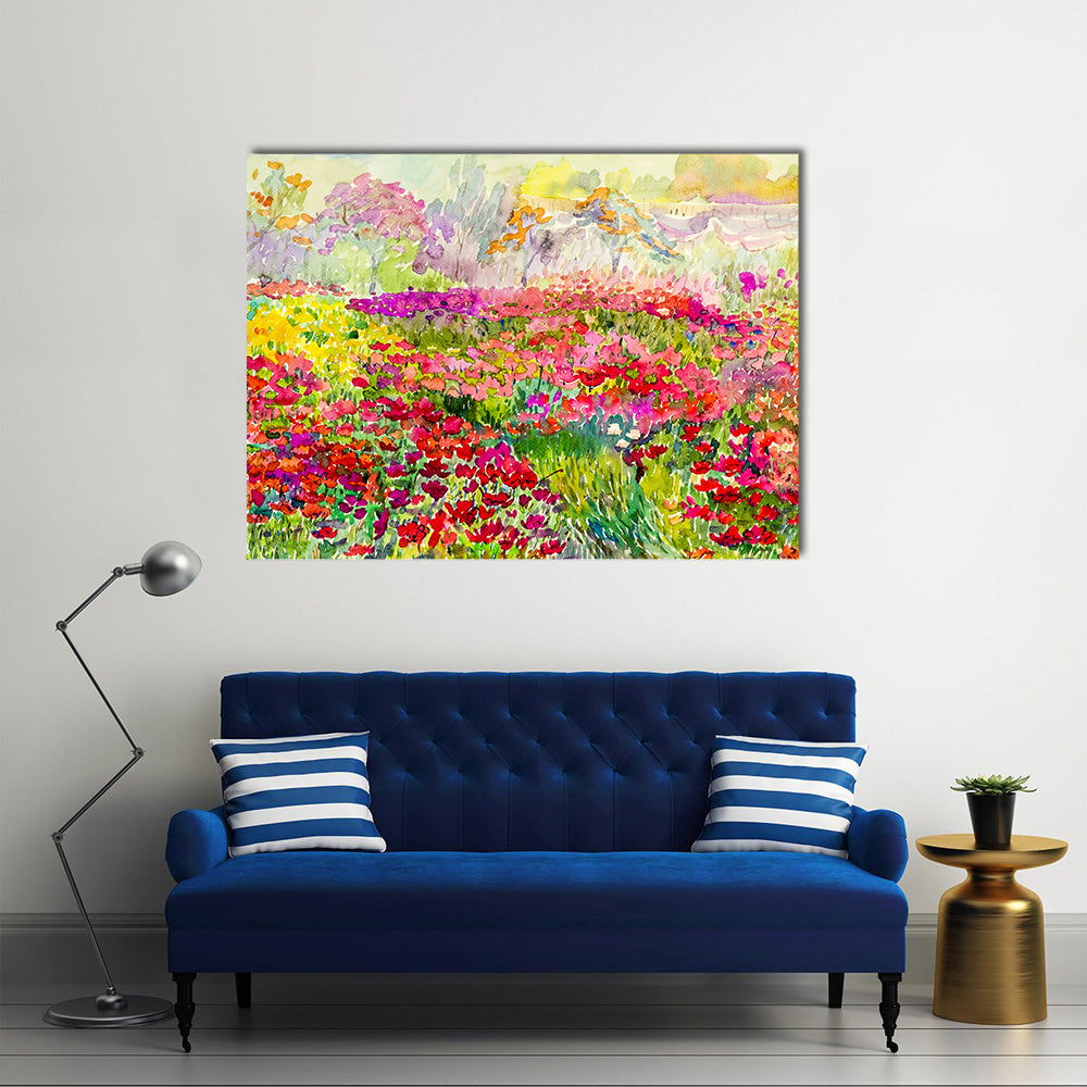 Watercolor Poppy Field in Spring Canvas Wall Art in red, green and pink, single panel hung on a wall