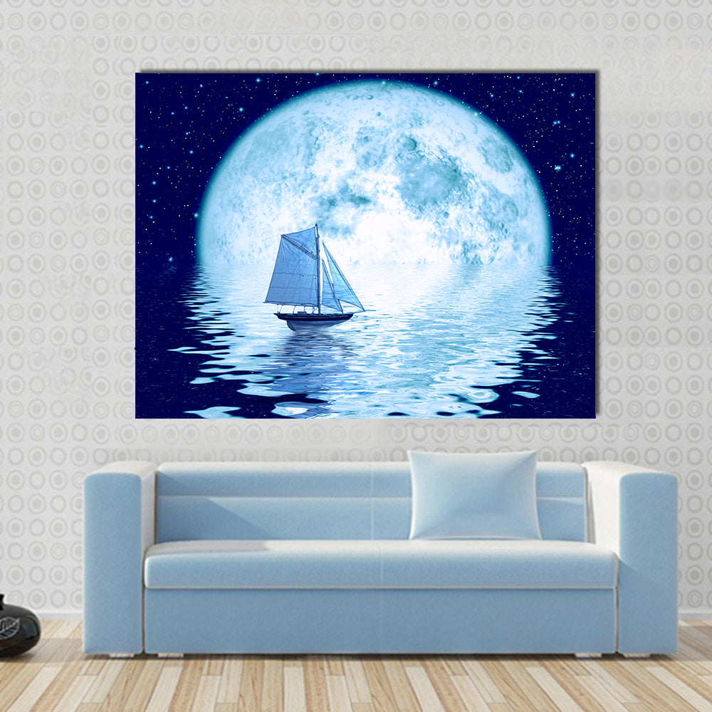 Sailing Ship Under Full Moon Canvas Wall Art
