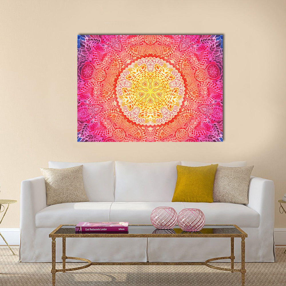 Watercolor Mandala Canvas Wall Art in orange, yellow and pink, single panel hung on a wall