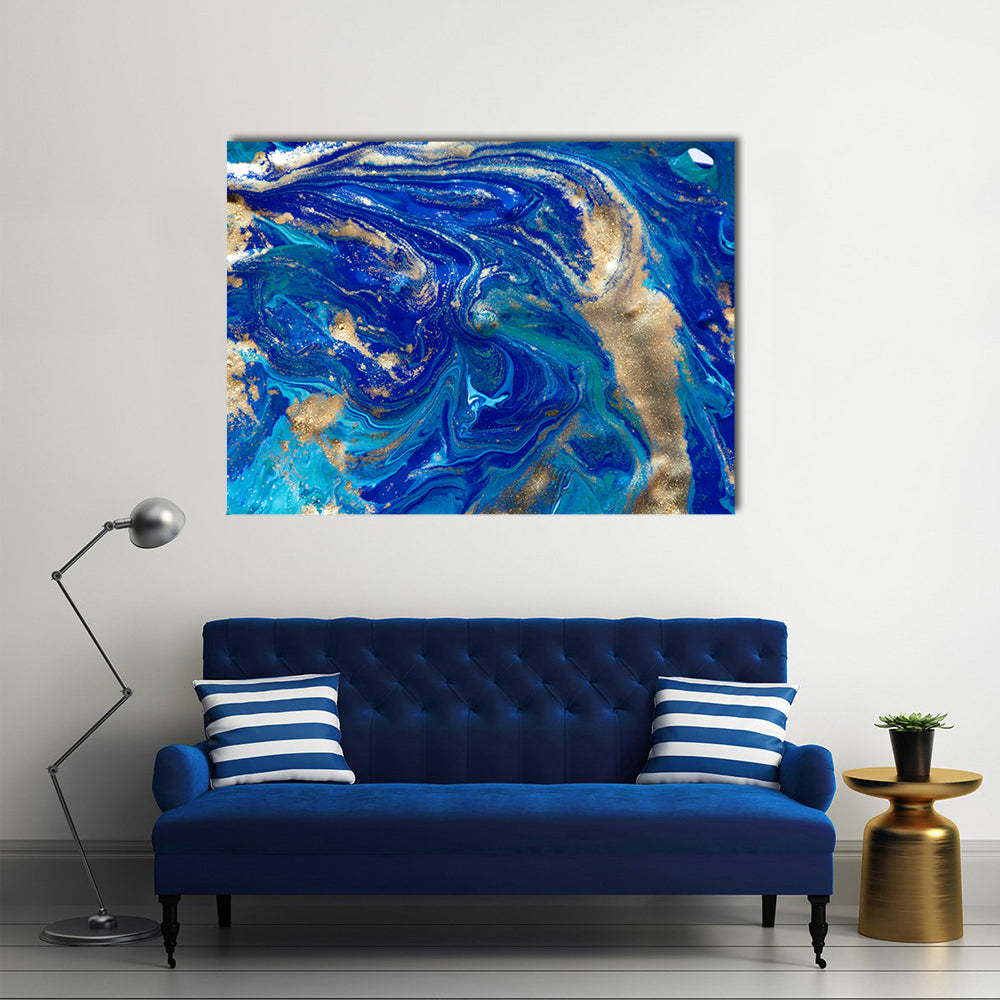 Liquid Marble Pattern Canvas Wall Art in gold and blue, single panel hung on a wall