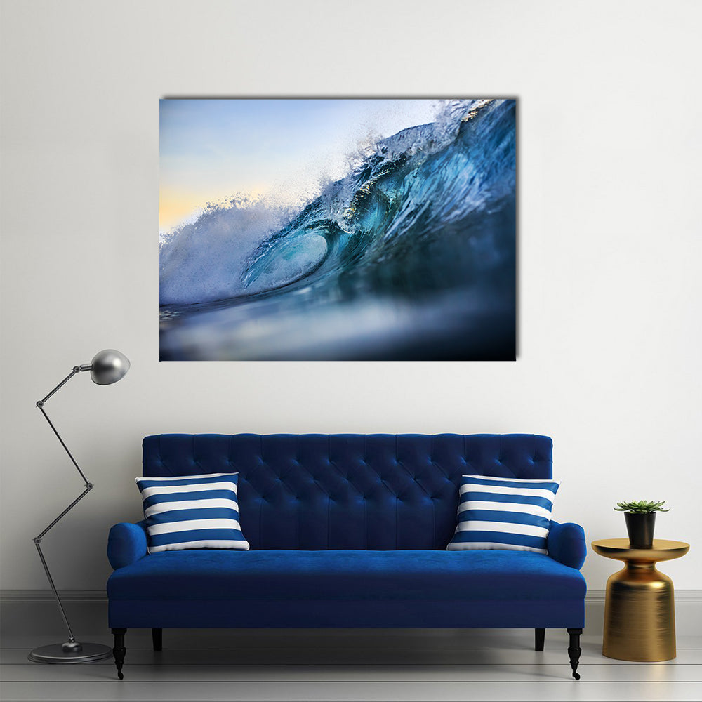 Rip Curl Bali Wave Barrel Canvas Wall Art in white and blue, single panel hung on a wall