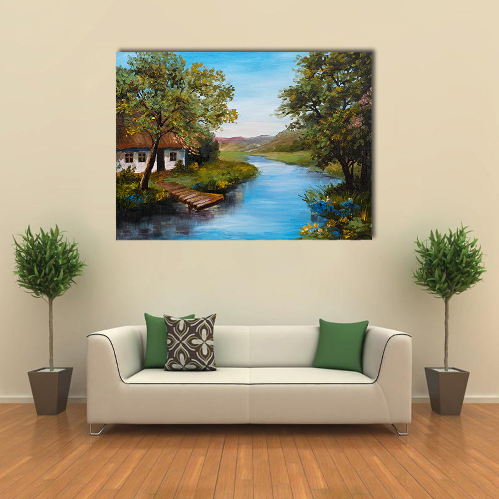 Thatched Cottage by the River Canvas Wall Art in brown, green and blue, single panel hung on a wall