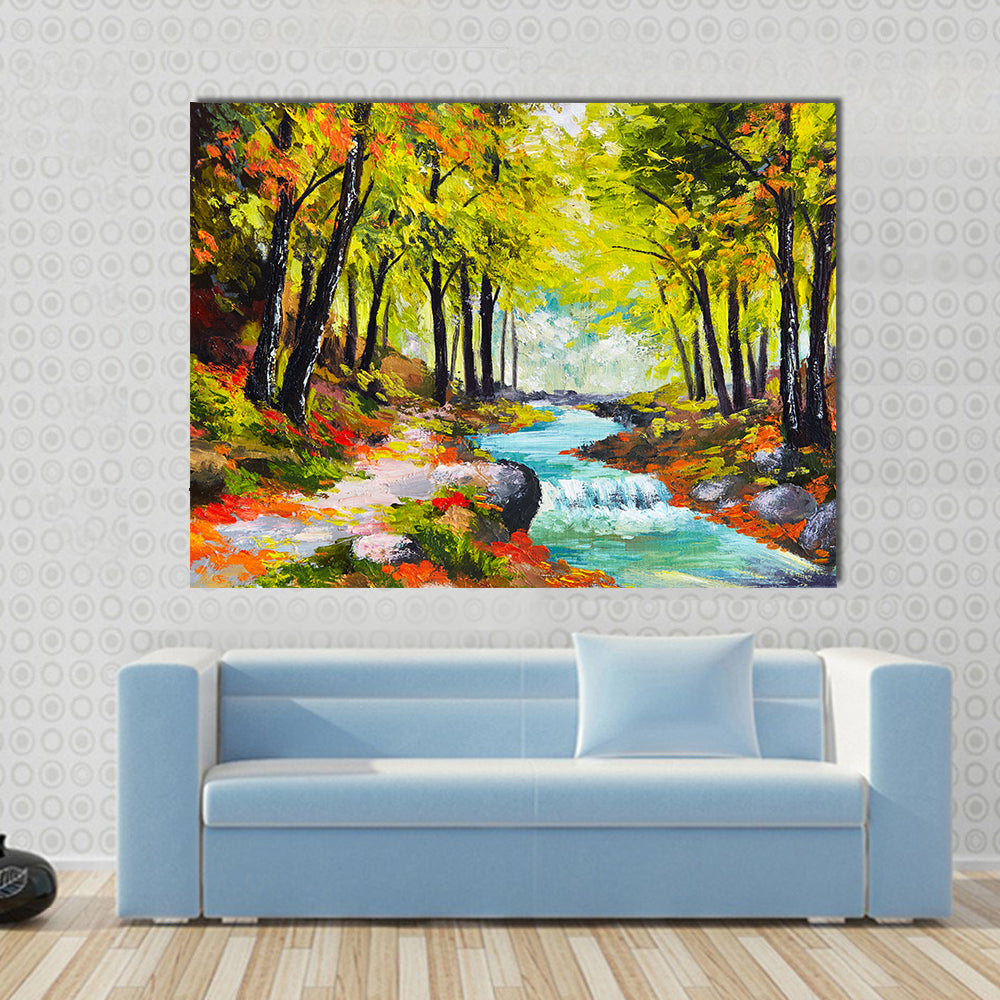 River in Autumn Forest Canvas Wall Art