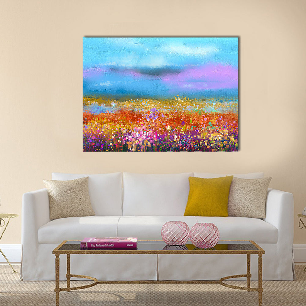 Watercolor Spring Meadow with Golden Horizon Canvas Wall Art in gold, blue and multicolor, single panel hung on a wall