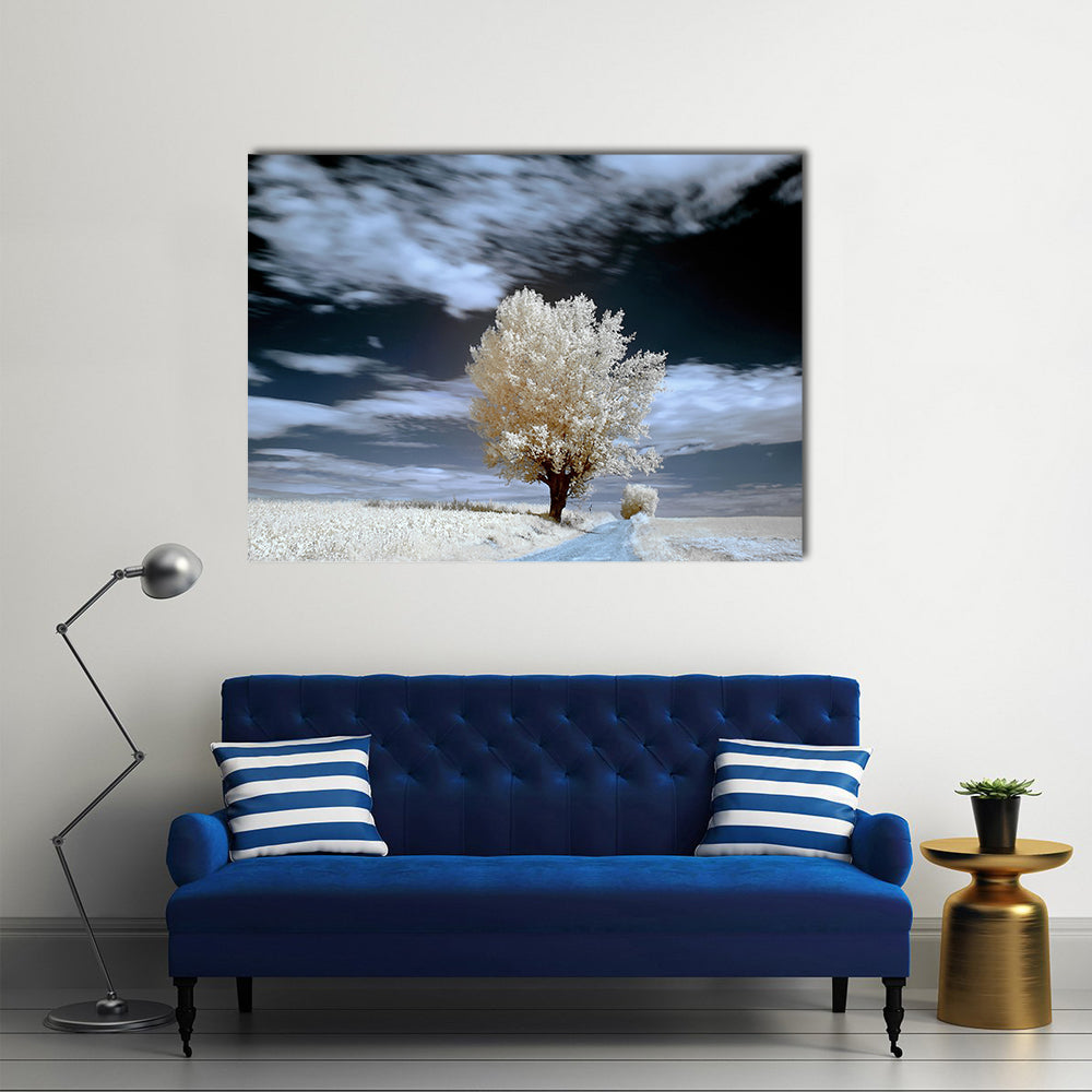 Alone Tree In Winter Canvas Wall Art in black, white and blue, single panel hung on a wall