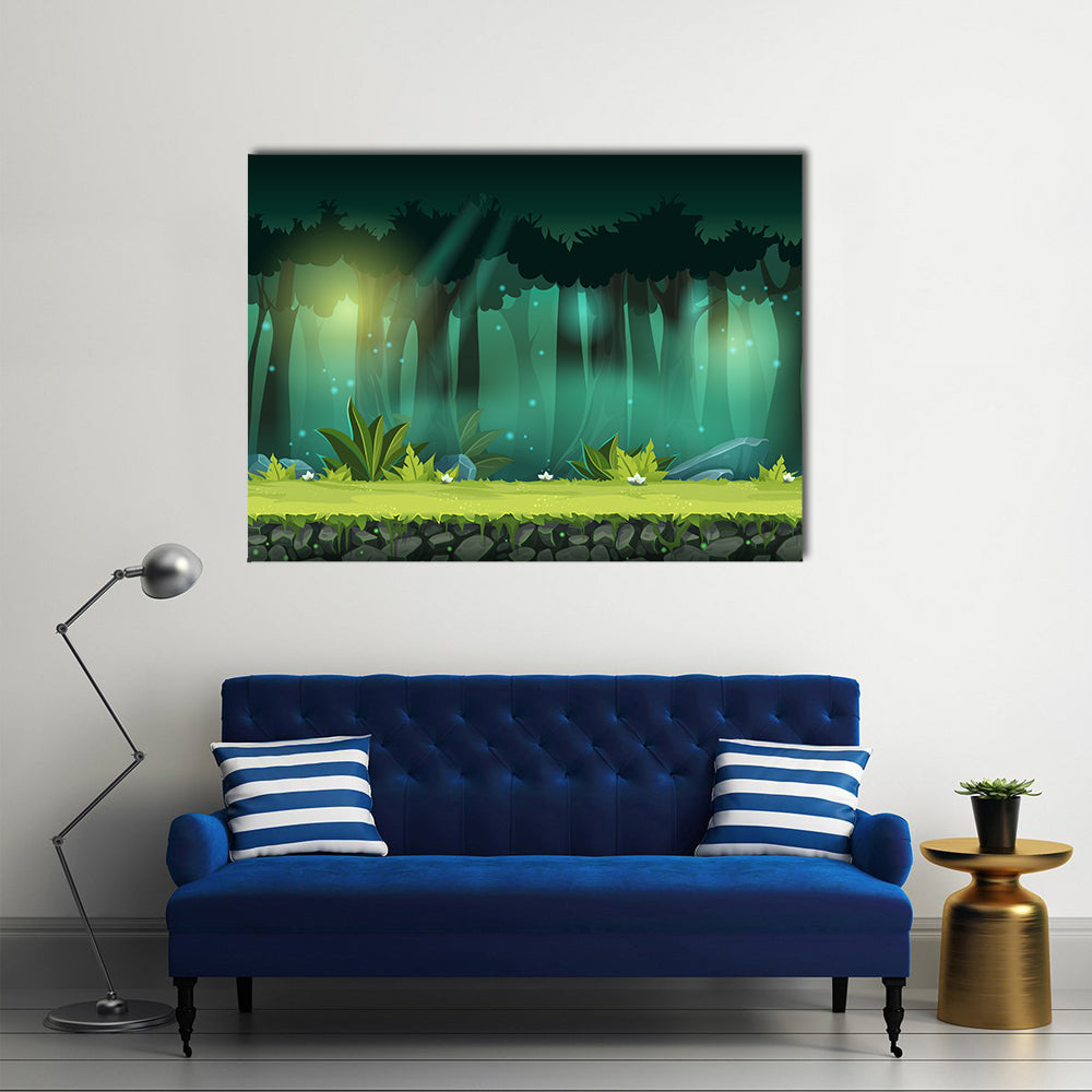 Magical Mist Forest with Fireflies Canvas Wall Art