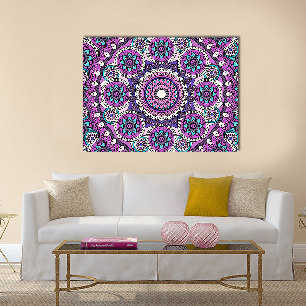 Purple Mandala Pattern Canvas Wall Art in blue, purple and pink, single panel hung on a wall