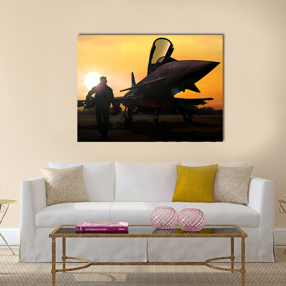 Military Pilot &amp; Aircraft At Airfield Canvas Wall Art