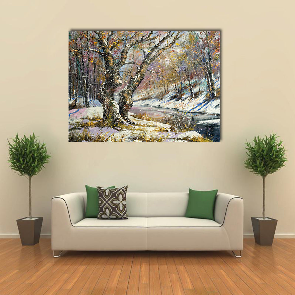 Winter River in Snowy Wood Canvas Wall Art in white, brown and blue, single panel hung on a wall