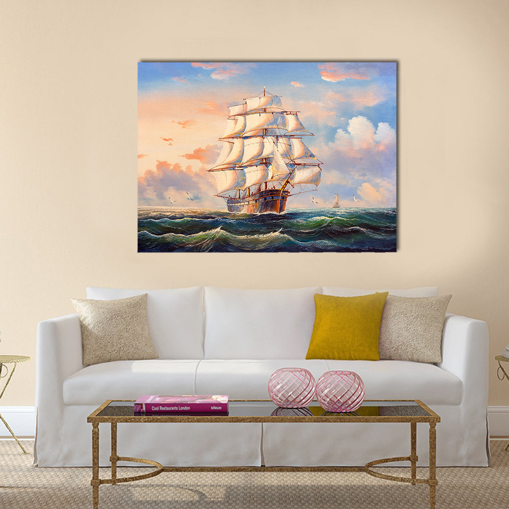 Sailing Boat In Storm Canvas Wall Art