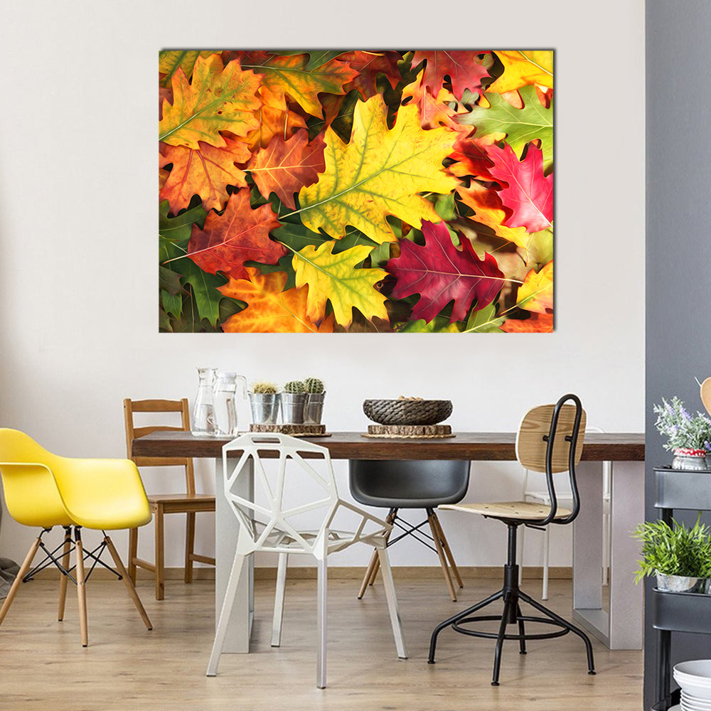 Colorful Oak Leaves in Autumn Canvas Wall Art in red, yellow and multicolor, single panel hung on a wall