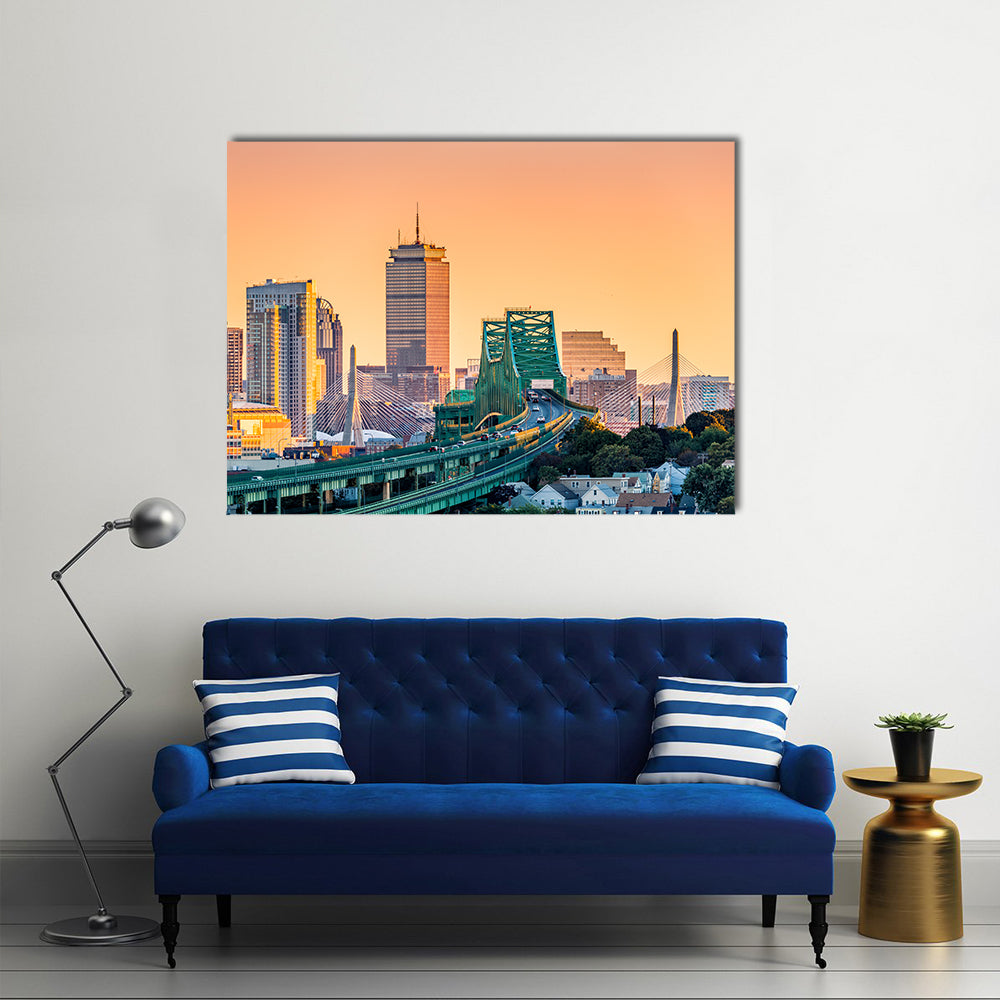 Tobin Bridge and Boston Skyline Canvas Wall Art in orange, yellow and green, single panel hung on a wall