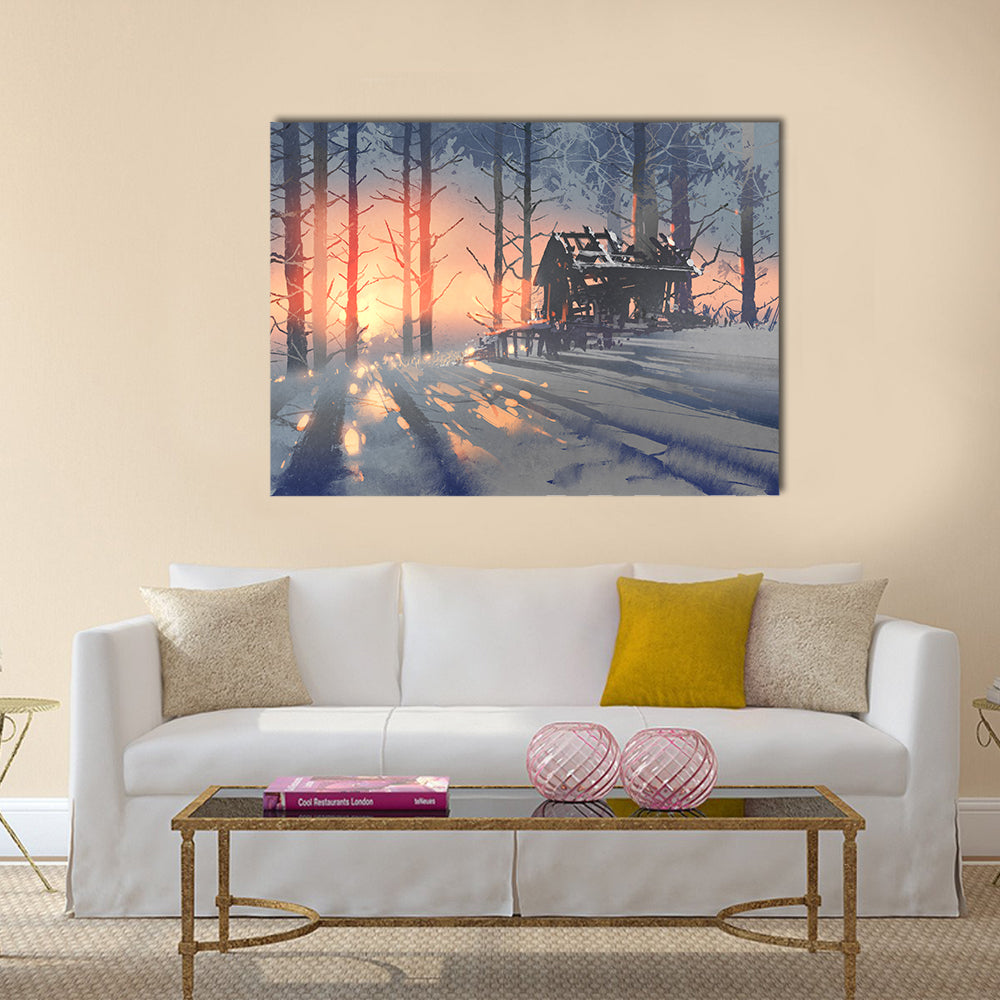Abandoned House in Winter Forest Canvas Wall Art