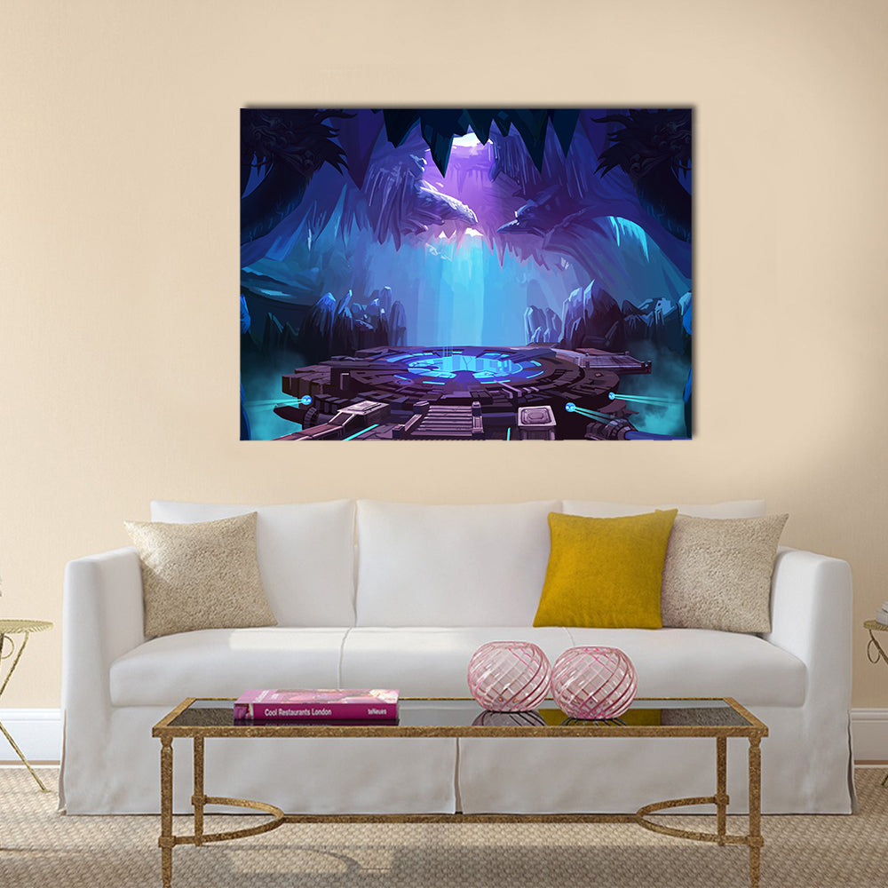 Mysterious Cavern with Glowing Platform Canvas Wall Art in black, blue and purple, single panel hung on a wall