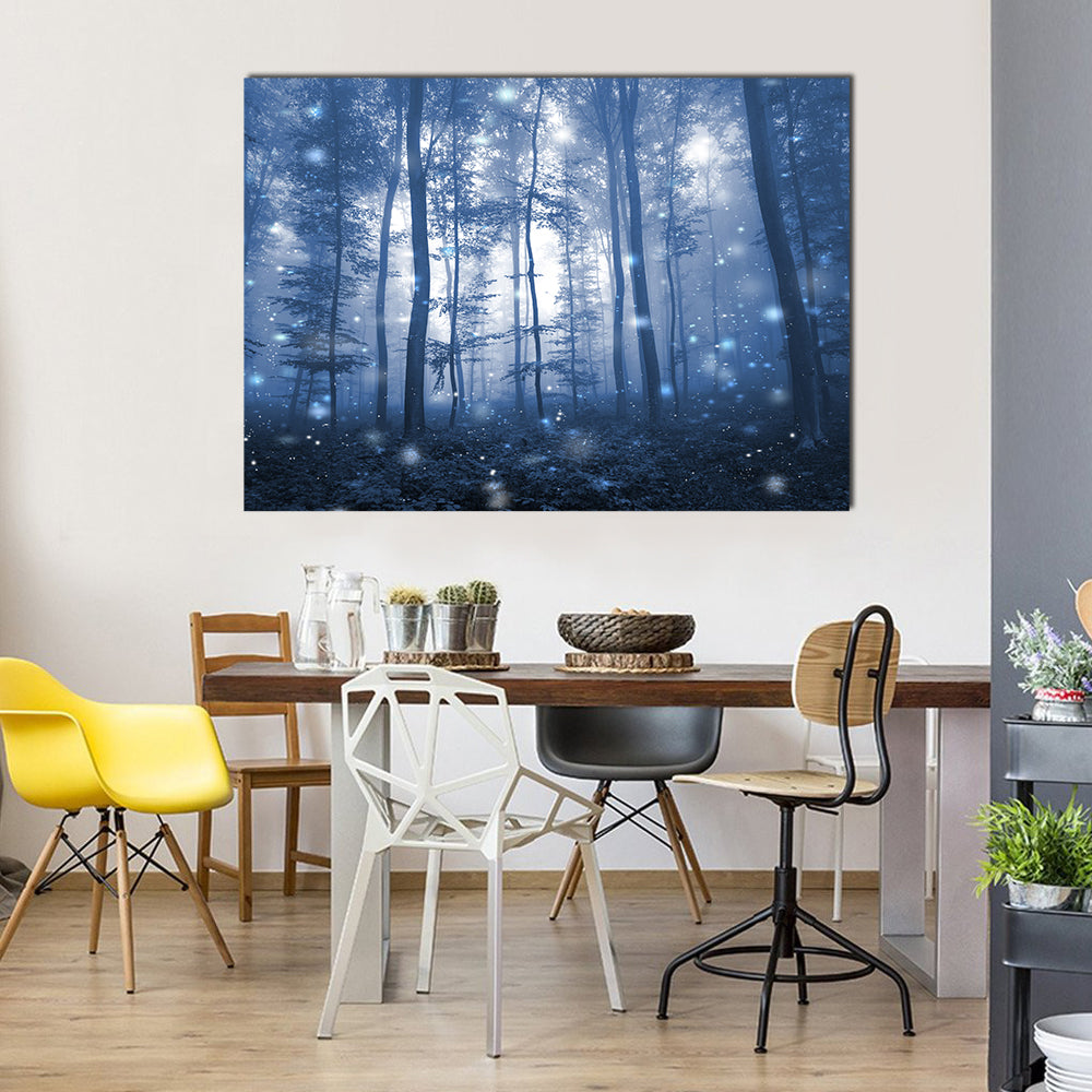 Blue Fog Forest with Glowing Orbs Canvas Wall Art