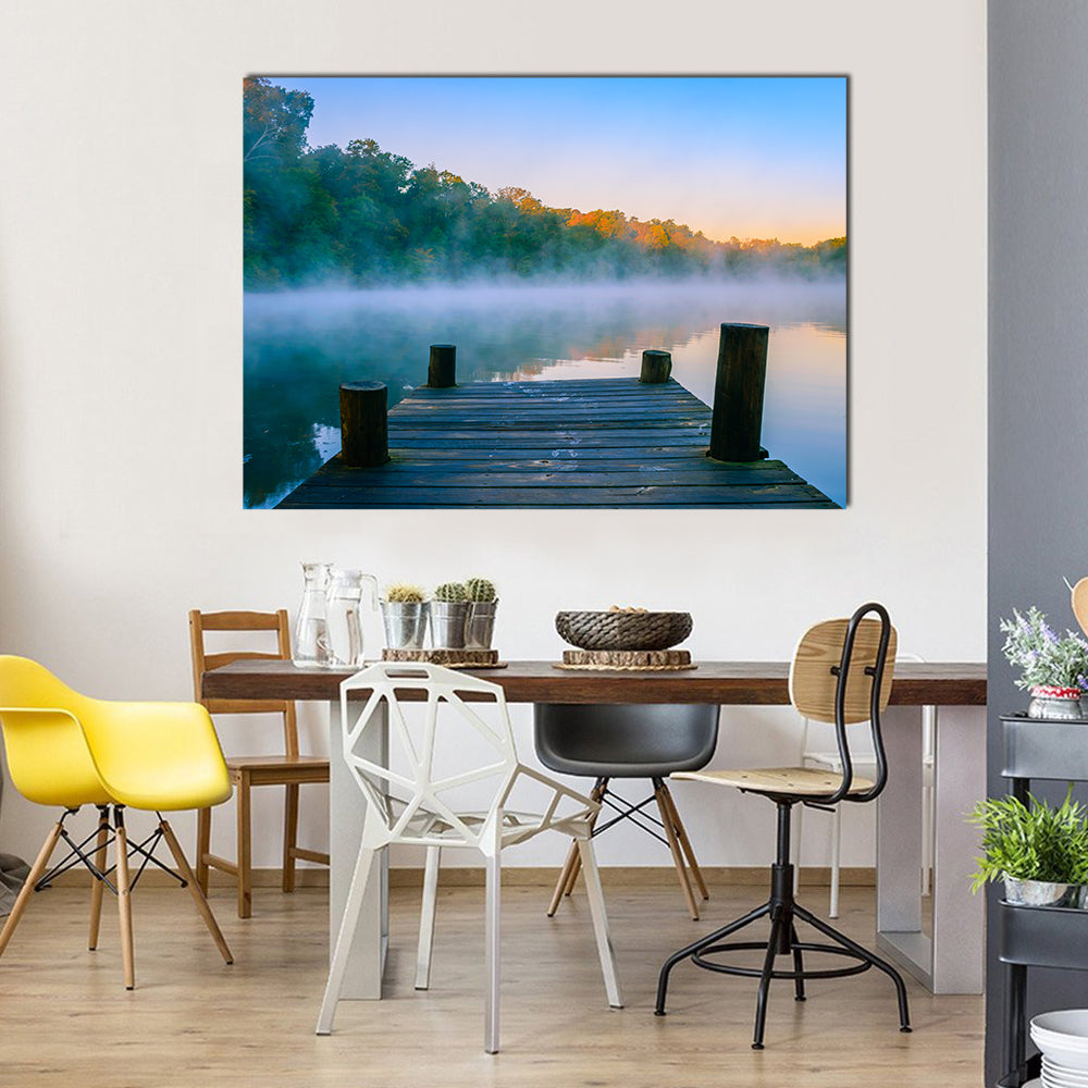 Wooden Dock at Misty Forest Lake Canvas Wall Art