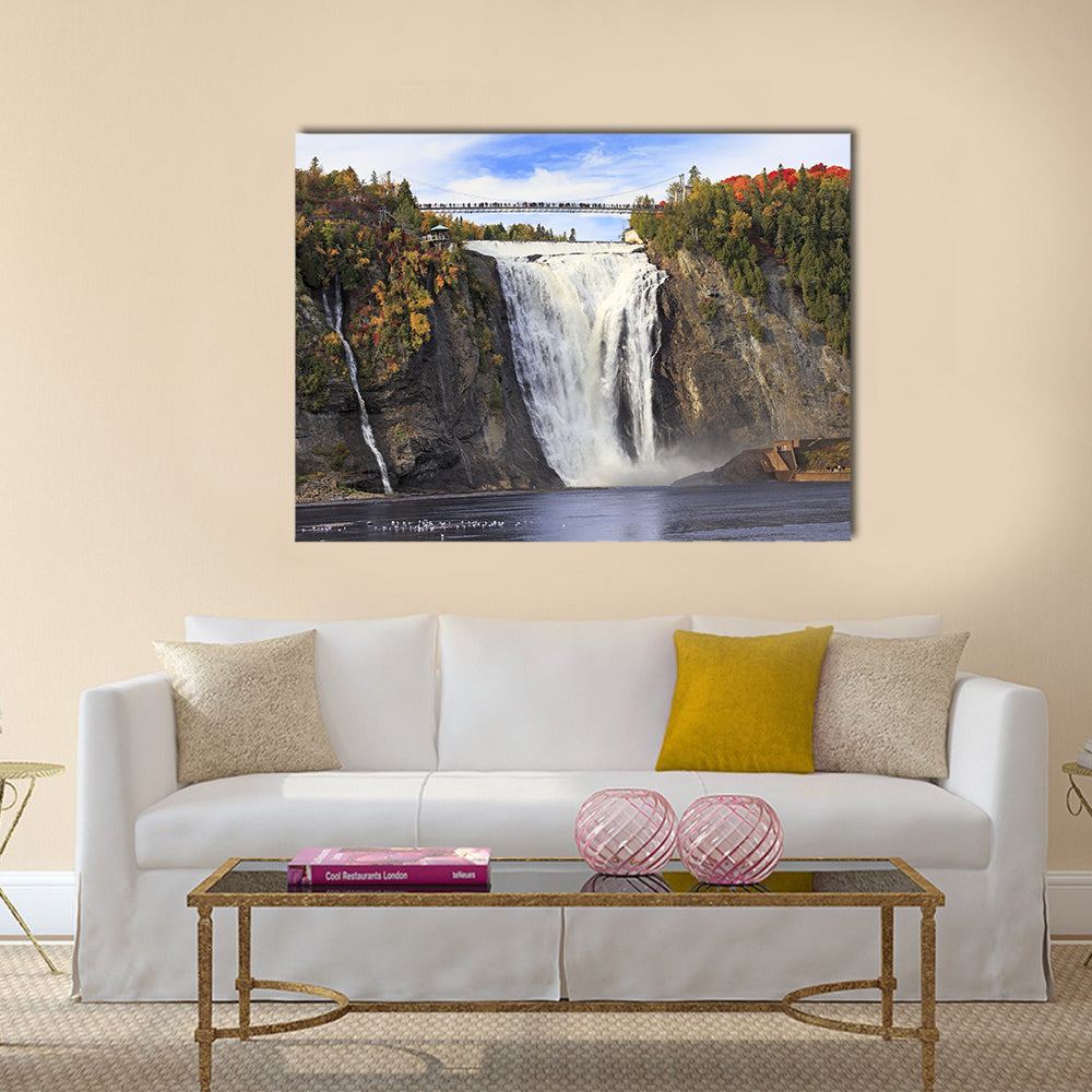 Montmorency Falls In Quebec Canada Canvas Wall Art in white, gray and blue, single panel hung on a wall