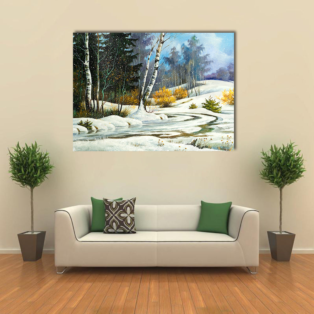 Winter Birch Forest with Frozen Stream Canvas Wall Art in white, green and blue, single panel hung on a wall