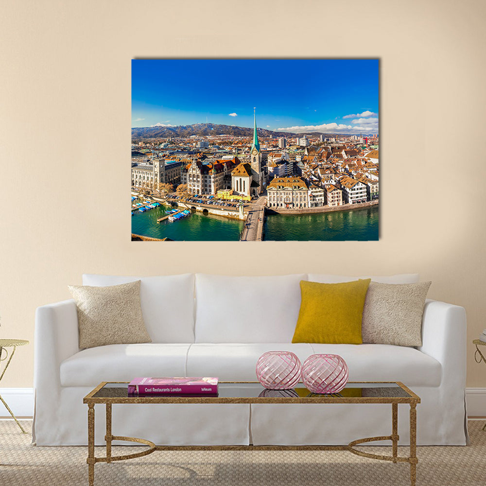 Historic Zurich City Canvas Wall Art in brown, green and blue, single panel hung on a wall