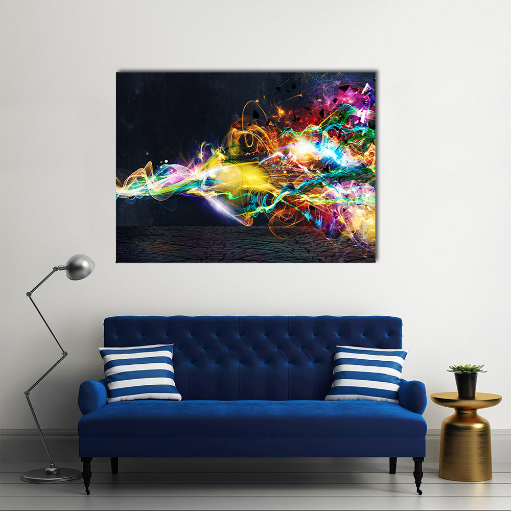 Colorful Light in Motion Canvas Wall Art in black and multicolor, single panel hung on a wall