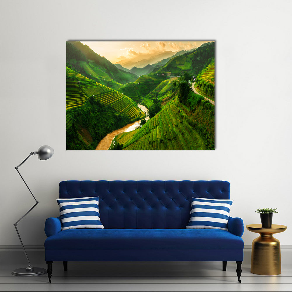 Terraced Rice Field In Mu Cang Chai In Vietnam Canvas Wall Art in gold, yellow and green, single panel hung on a wall
