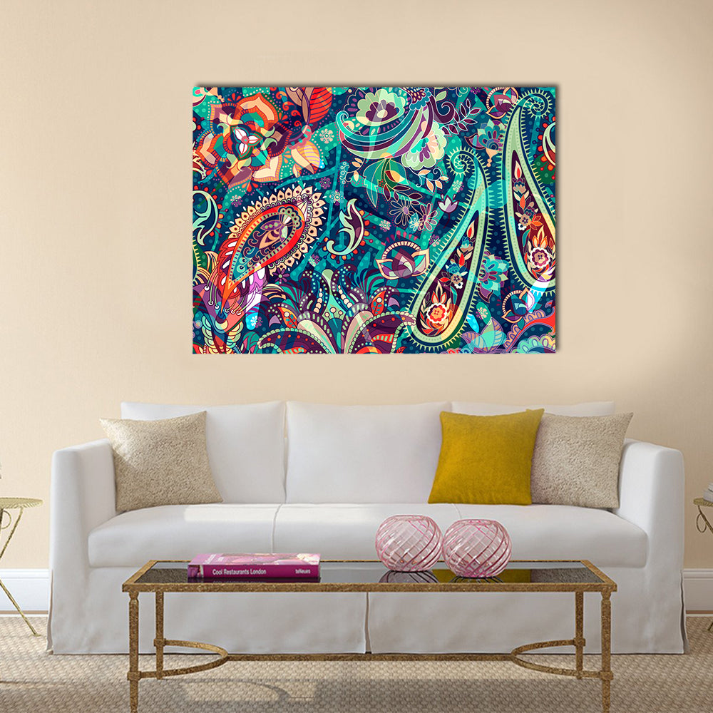 Colorful Boho Paisley Floral Canvas Wall Art in green, blue and multicolor, single panel hung on a wall