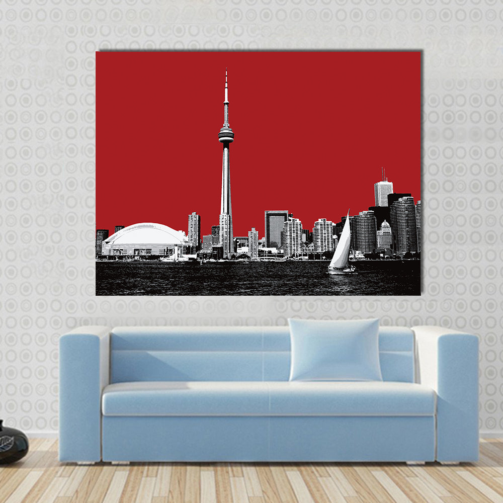 Toronto Skyline with Red Sky Canvas Wall Art in black, white and red, single panel hung on a wall
