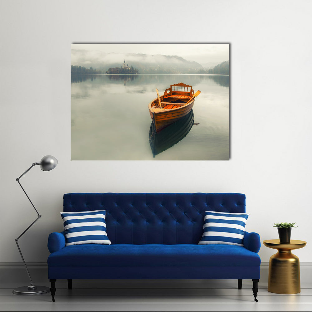 Rowboat on Foggy Lake with Island Church Canvas Wall Art in gray, beige and brown, single panel hung on a wall