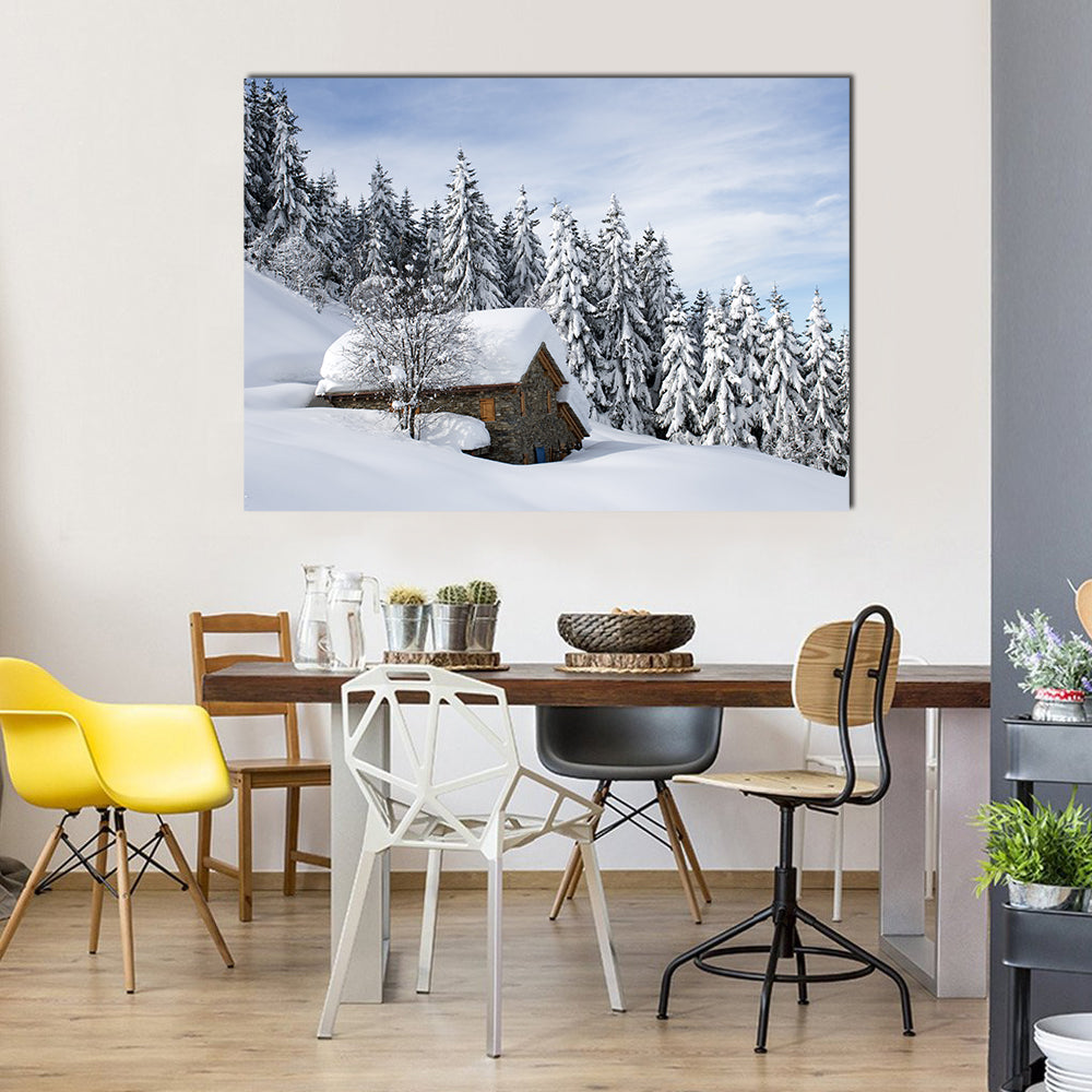 Alpine Hut Under Snow Canvas Wall Art