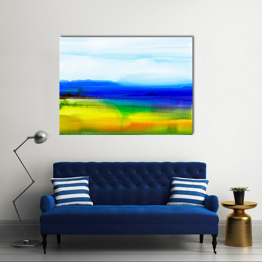 Semi-abstract Agricultural Fields Canvas Wall Art in yellow, green and blue, single panel hung on a wall