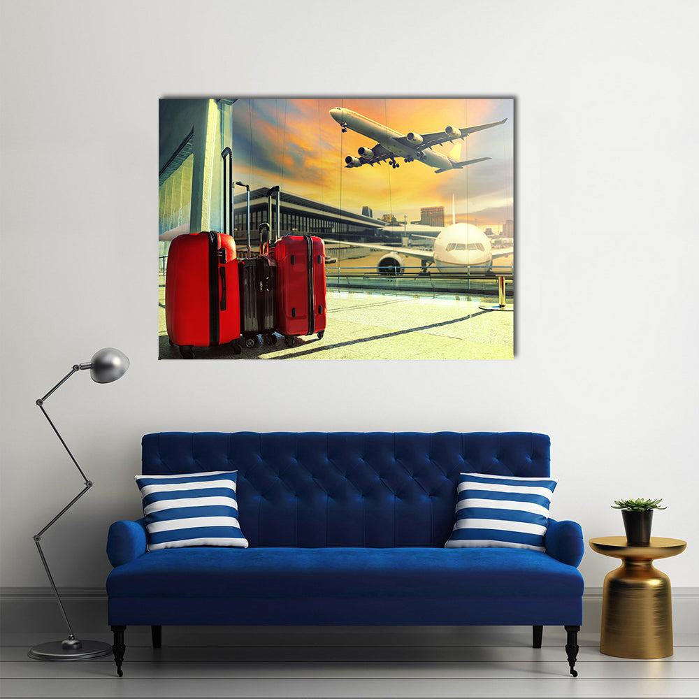 Red Suitcases and Plane at Sunset Canvas Wall Art