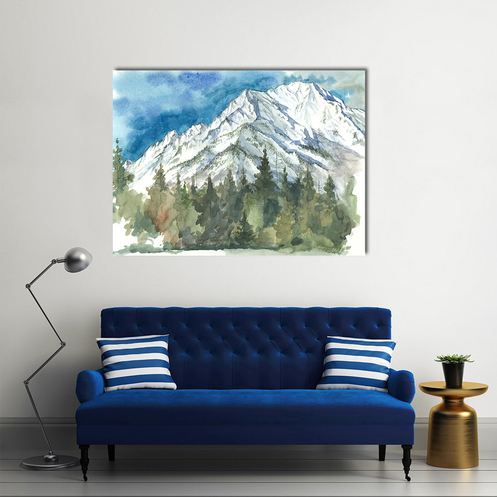 Watercolor Snow-capped Mountain and Forest Canvas Wall Art in white, green and blue, single panel hung on a wall