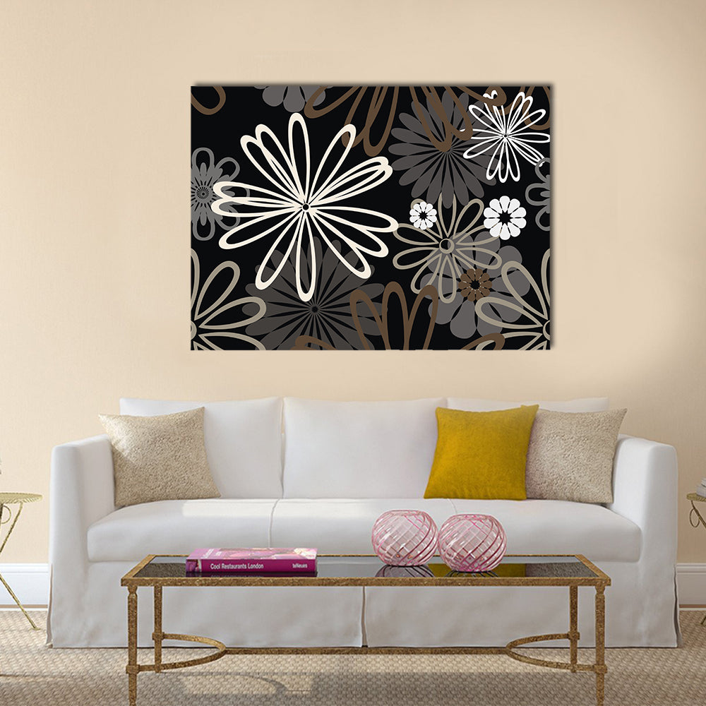 Retro Abstract Floral in Black and White Canvas Wall Art in black, white and gray, single panel hung on a wall