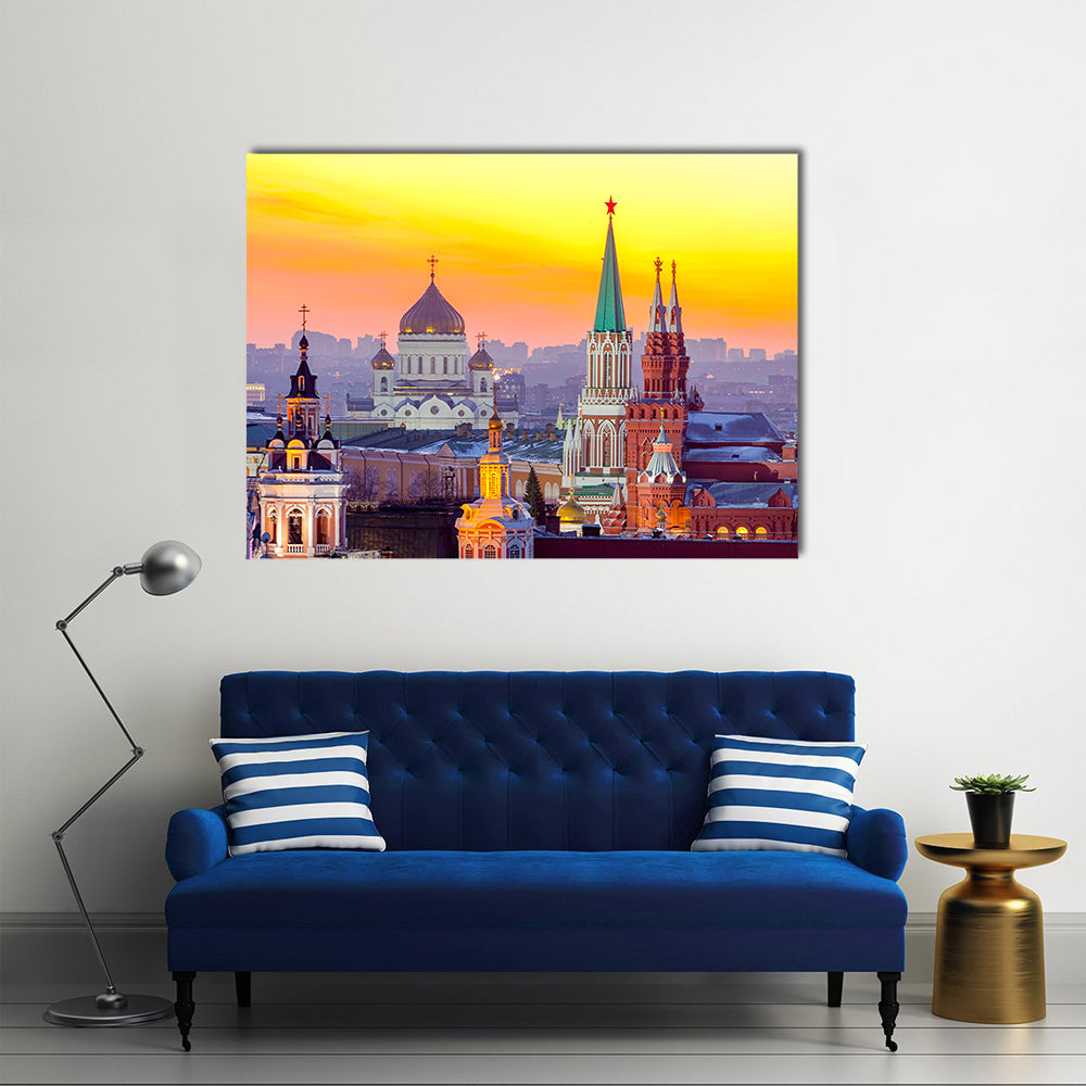 Moscow Kremlin and Cathedral of Christ the Saviour Canvas Wall Art in orange, yellow and blue, single panel hung on a wall