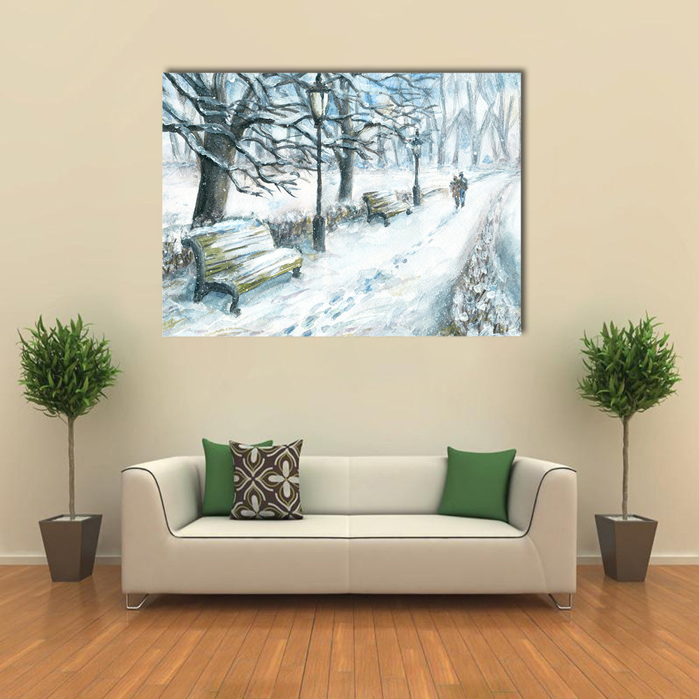 Winter Park With Walking Couple Canvas Wall Art
