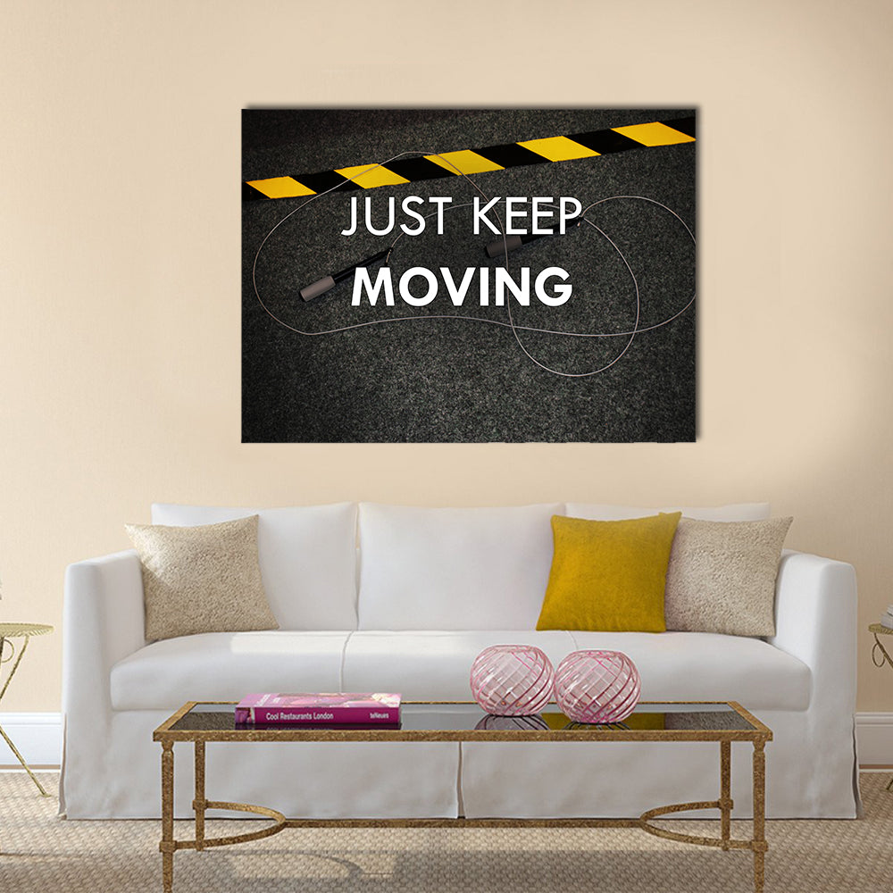 Jump Rope Workout Quote Canvas Wall Art in black, white and yellow, single panel hung on a wall