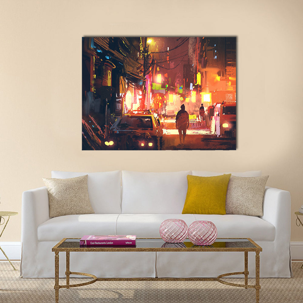 Rain-soaked Old Street in Futuristic City Canvas Wall Art