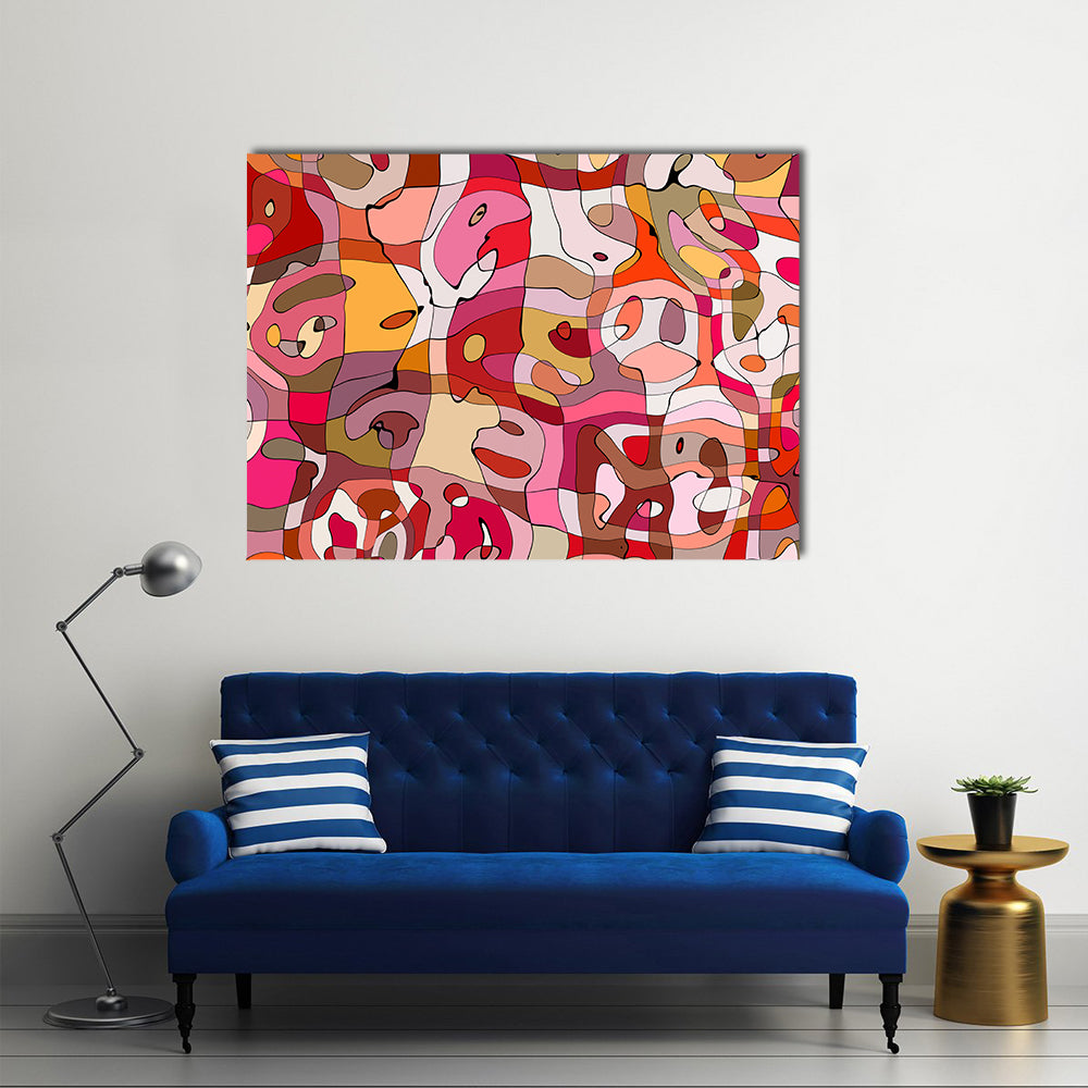 Crowded Abstract Faces in Warm Tones Canvas Wall Art in red, orange and pink, single panel hung on a wall