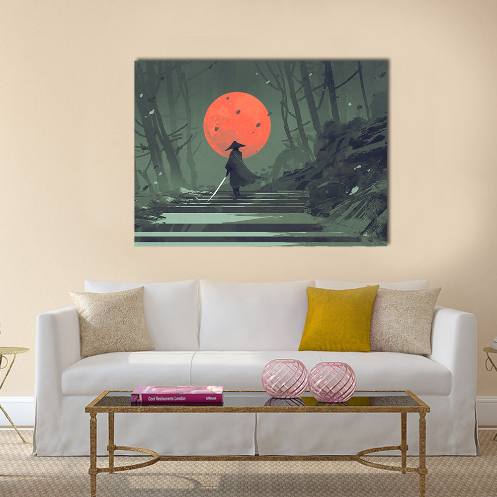 Samurai Standing On Stairway In Night Forest Under Red Moon Canvas Wall Art