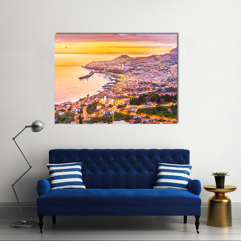 Madeira Island Sunset Harbor Canvas Wall Art in orange, yellow and pink, single panel hung on a wall