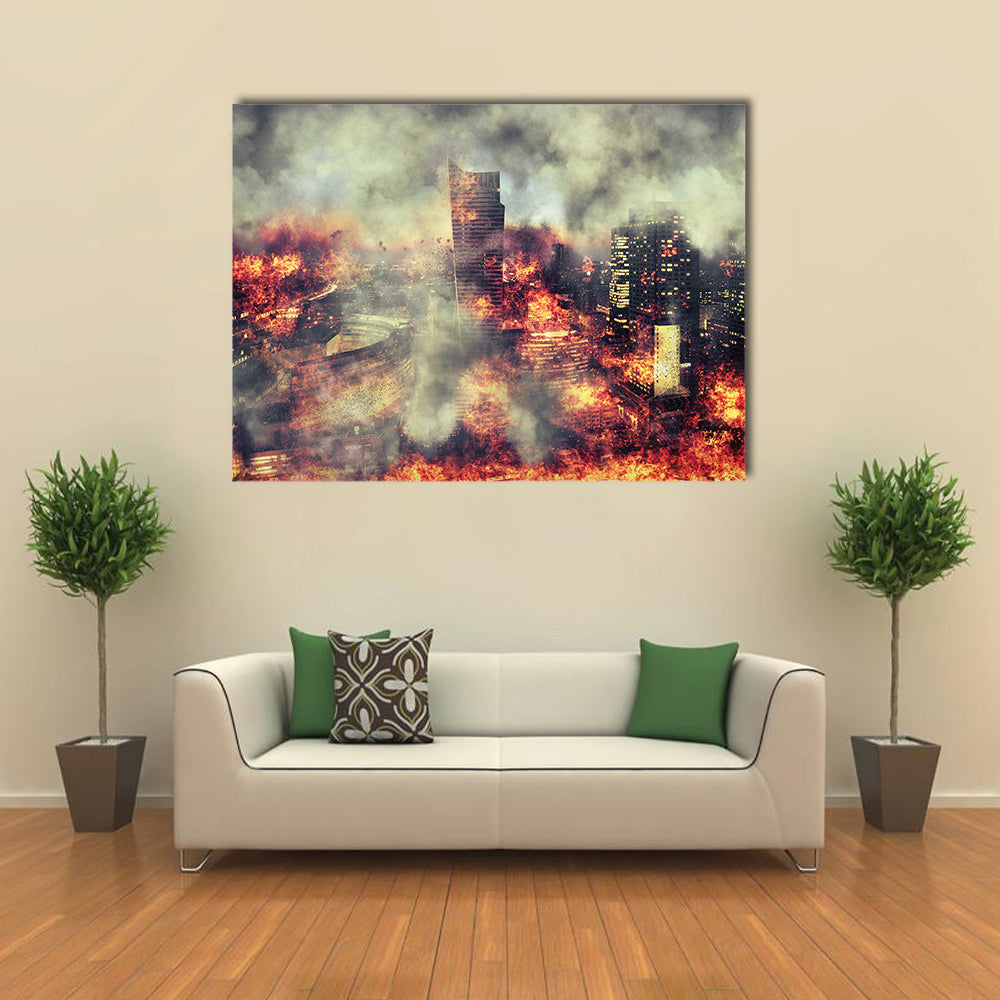 Burning City Abstract Canvas Wall Art in gray, red and orange, single panel hung on a wall