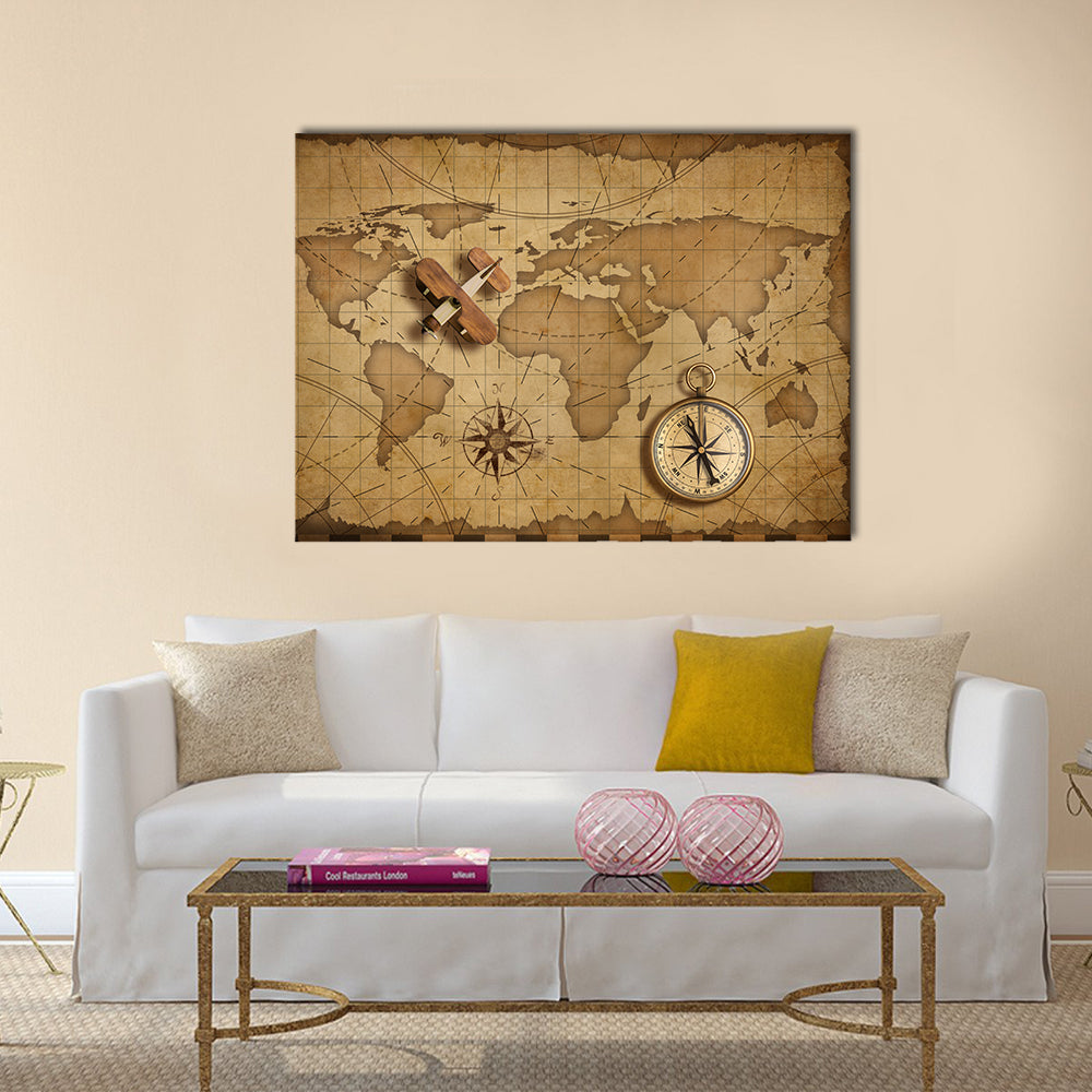 Wooden Biplane Over Vintage World Map Canvas Wall Art in beige and brown, single panel hung on a wall