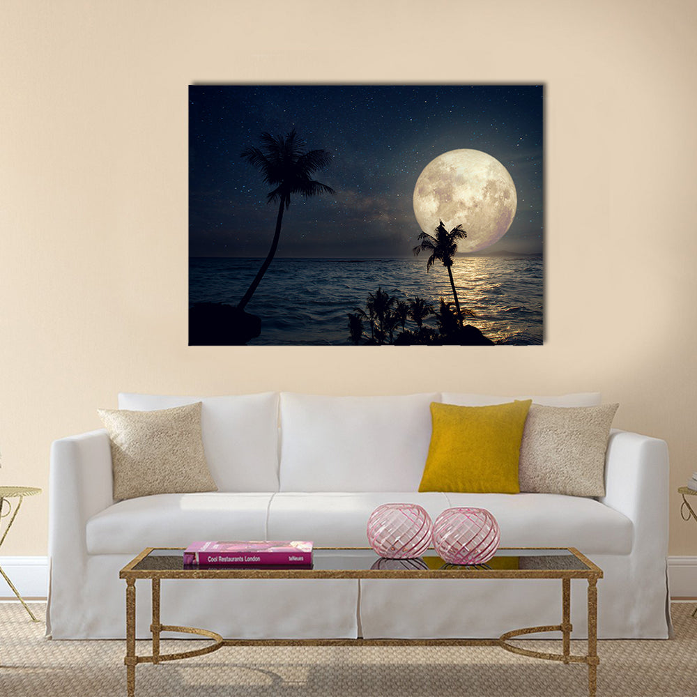 Tropical Beach Under Full Moon Canvas Wall Art