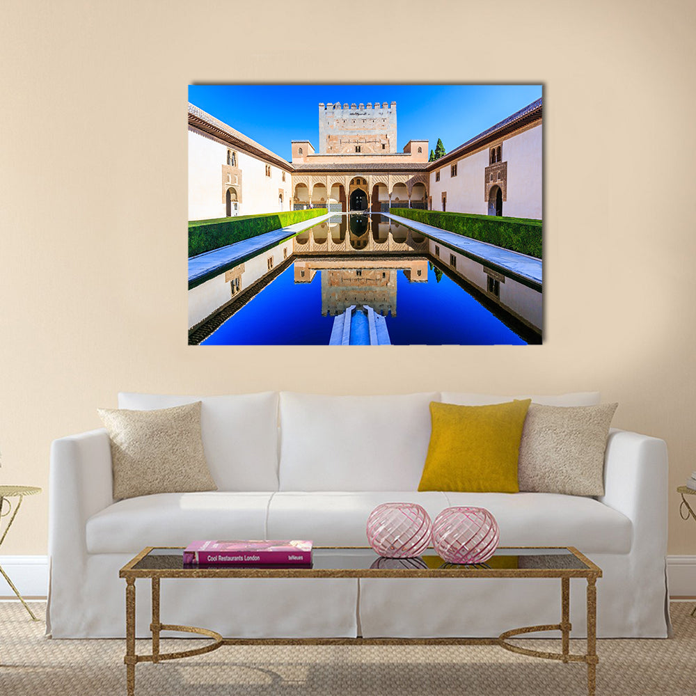 The Nasrid Palaces Palacios Nazaríes In Spain Canvas Wall Art in beige, brown and blue, single panel hung on a wall