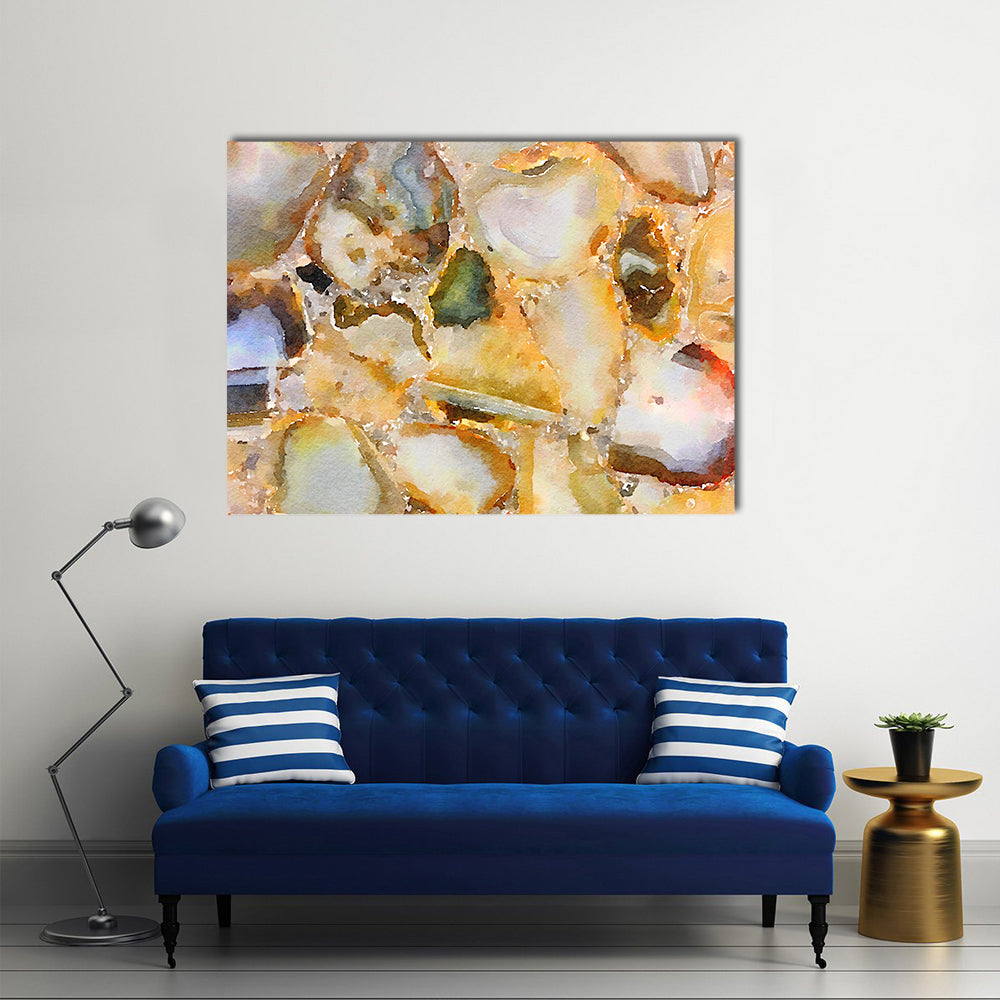 Watercolor Agate Gemstone Mosaic Canvas Wall Art in beige, gold and yellow, single panel hung on a wall