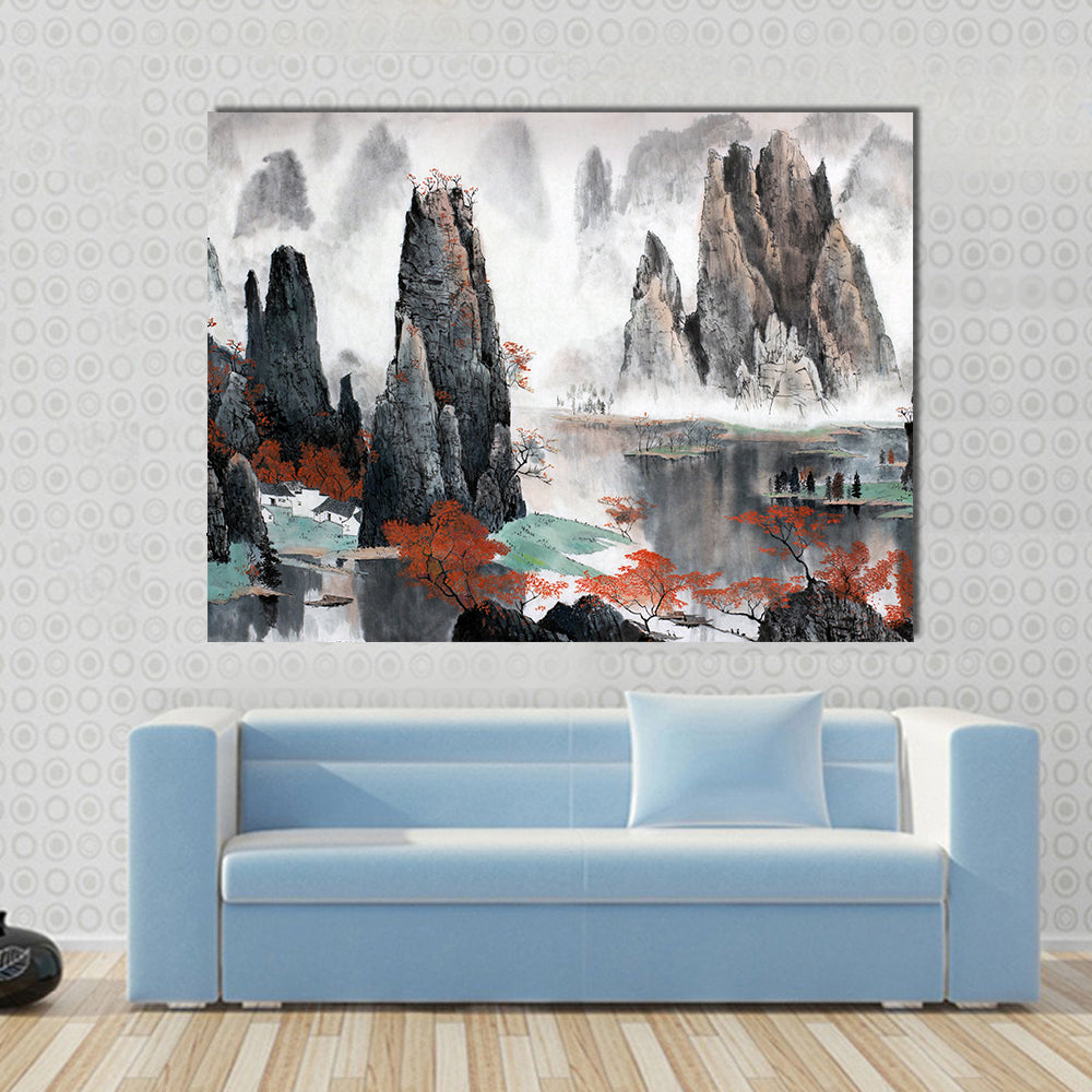 Misty Chinese Mountains with Red Autumn Trees Canvas Wall Art in black, gray and red, single panel hung on a wall