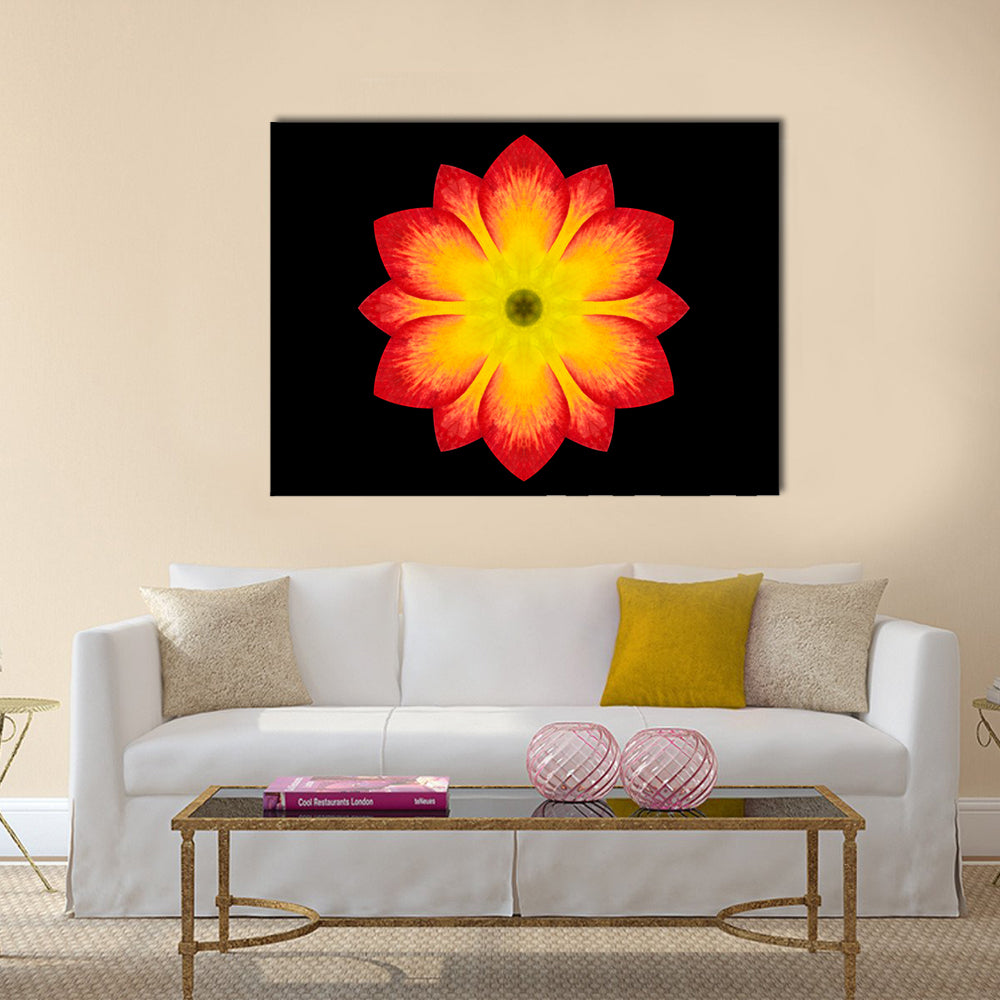 Red And Yellow Flower Mandala Canvas Wall Art in black, red and yellow, single panel hung on a wall