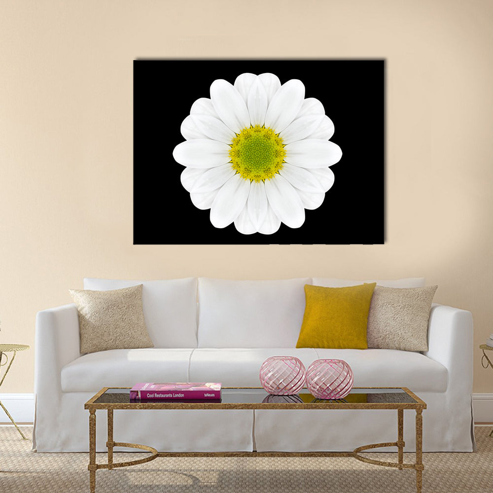 Close Up Of White Flower Mandala Canvas Wall Art in black and white, single panel hung on a wall