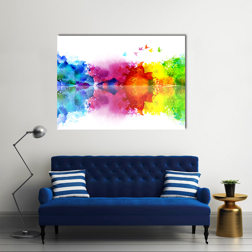 Flying Flock of Birds Canvas Wall Art in white and multicolor, single panel hung on a wall